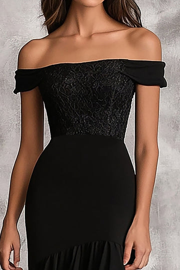 Black Off the Shoulder Mermaid Long Wedding Guest Dress with Ruffles